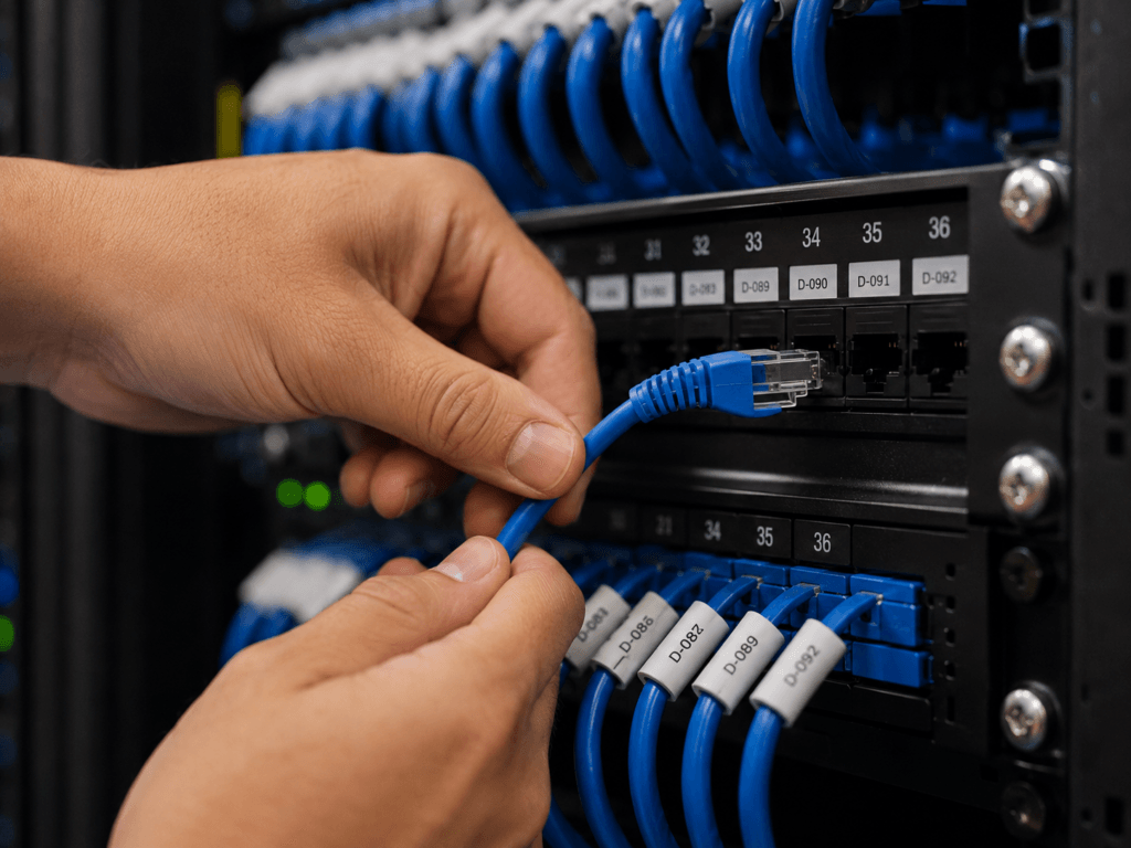 Rede Estruturada para Empresas: Performance e Segurança em Picos de Tráfego 1 Close-up de patch panel e mãos organizando cabos CAT6 — cabeamento estruturado RRP Systems