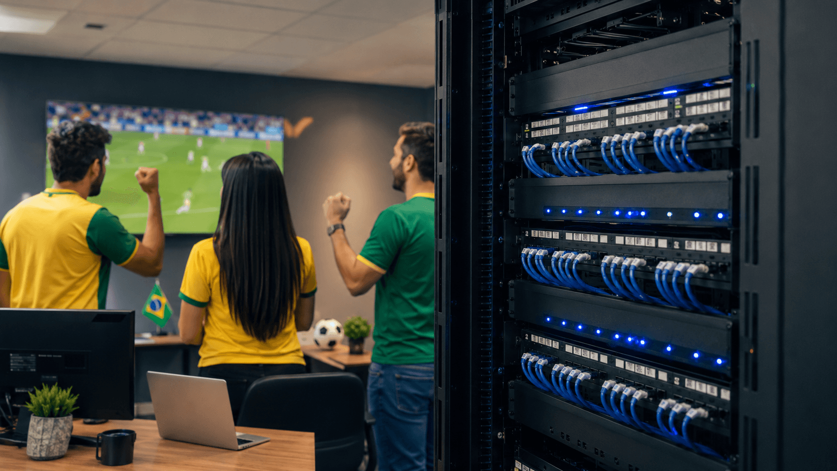 Infraestrutura de rede estruturada com rack organizado e equipe técnica vestindo camisas do Brasil em escritório corporativo - RRP Systems.