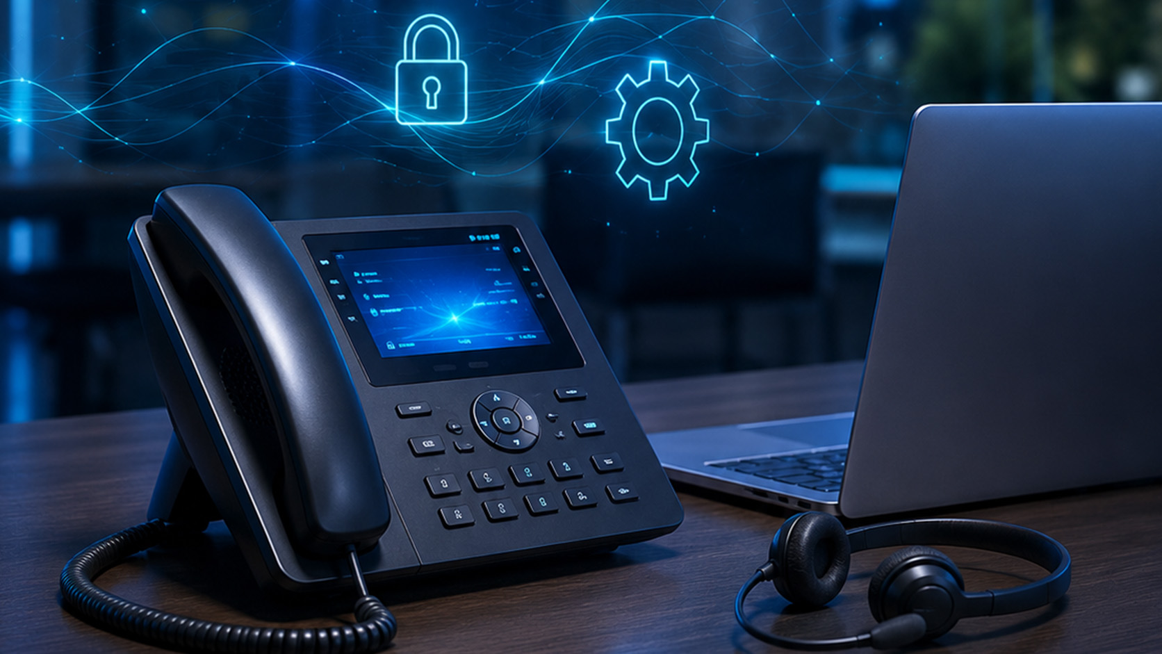 Telefone IP corporativo com ícones holográficos de nuvem e voz em escritório moderno, representando soluções em voz da RRP Systems.