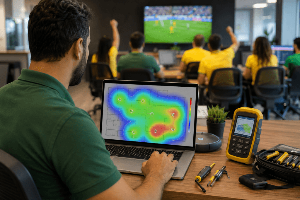 Rede Estruturada para Empresas: Performance e Segurança em Picos de Tráfego 2 Técnico com laptop exibindo heatmap de Wi‑Fi enquanto o escritório acompanha jogo — avaliação de cobertura RRP Systems