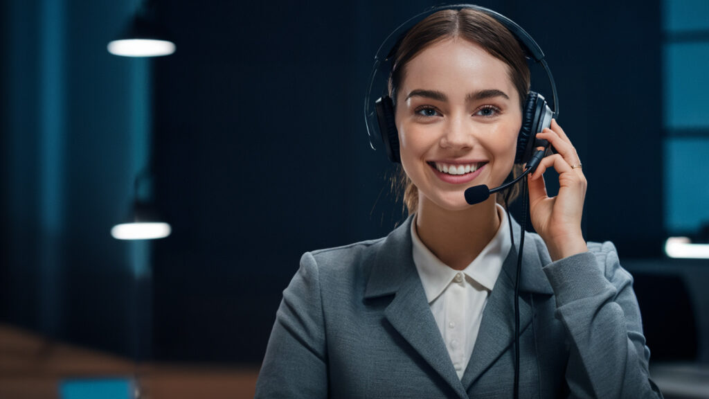 Profissional de atendimento corporativo utilizando headset em ambiente de suporte e call center.