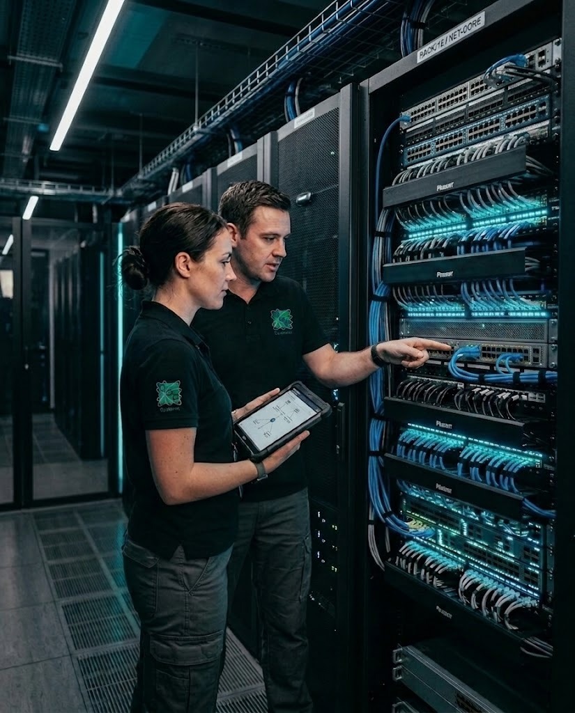 Equipe técnica da RRP Systems realizando vistoria e certificação de cabeamento estruturado em rack de servidores corporativo.