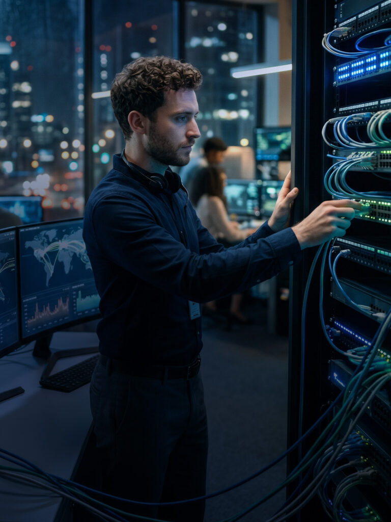 Equipe técnica especializada da RRP Systems realizando vistoria e certificação de infraestrutura para rede e telefonia corporativa.