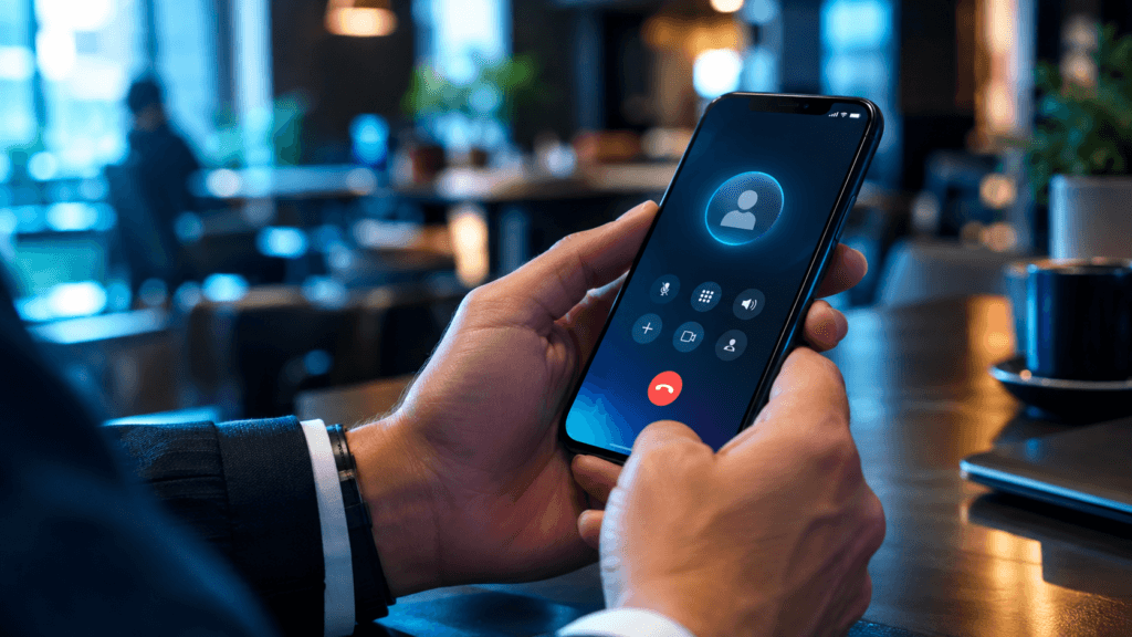 Profissional utilizando smartphone com aplicativo de ramal móvel e telefonia VoIP corporativa.